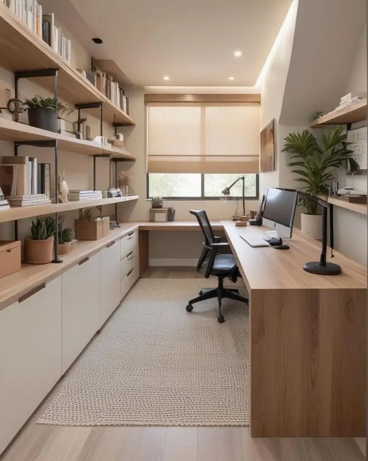 Möbel für das Heimbüro in U-Form aufstellen mit Einbauschrank und Regalsystem