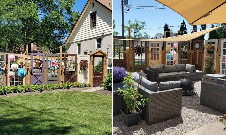 Moderne Möbel und Sonnensegel mit Holztüren als Zaun kombinieren