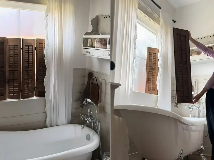 Sichtschutz für das Badezimmer aus kleinen Holzfensterläden