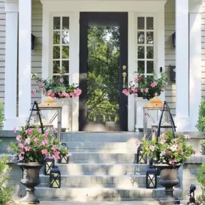Stimmungsvolle Treppen-Deko für draußen im Sommer mit Blumen und Laternen