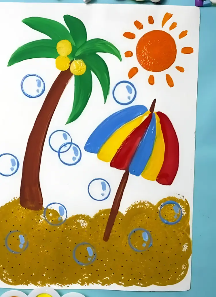Strandbild mit Kindern gestalten mit Palme, Sonnenschirm und Sonne