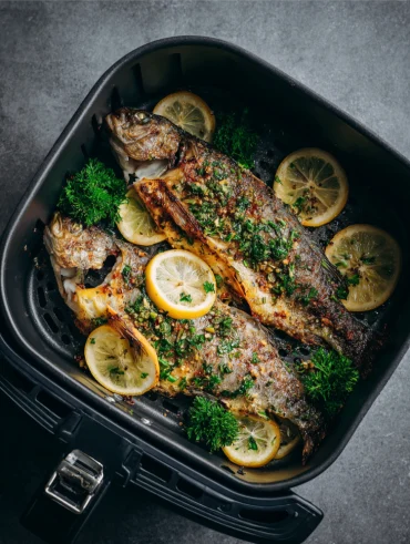 zwei ganze forellen in der heißluftfritteuse mit zitrone und kräutern