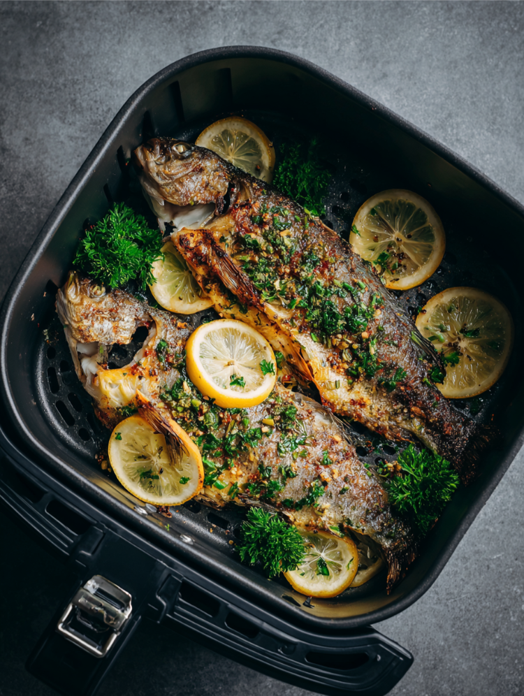 zwei ganze forellen in der heißluftfritteuse mit zitrone und kräutern