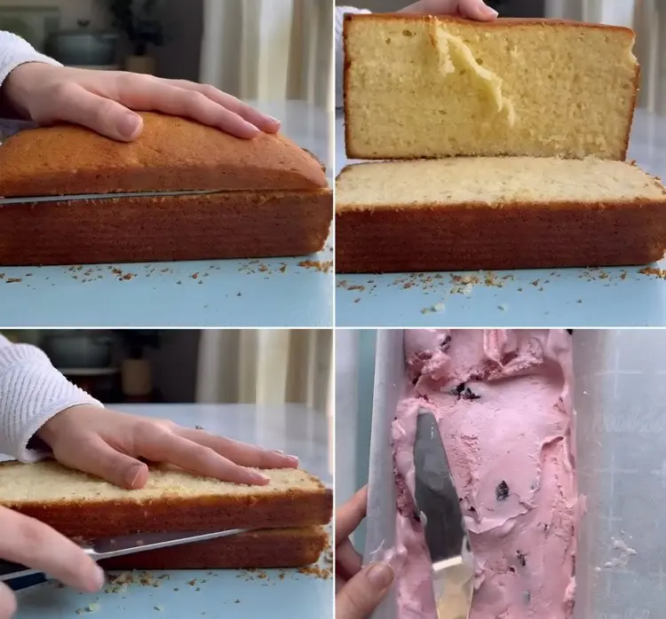 Kuchen mit Kirschmarmelade backen - Vanille-Kastenkuchen aufschneiden und mit Eis bestreichen