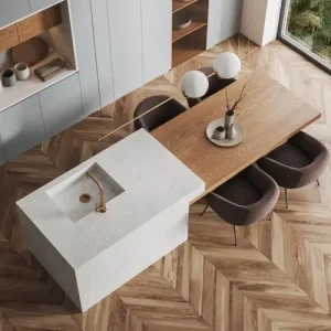 Moderne Kücheninsel mit dem Tisch verbinden in einer geraden Linie