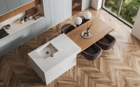 Moderne Kücheninsel mit dem Tisch verbinden in einer geraden Linie
