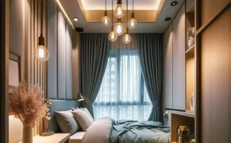 Moderne Schlafzimmergestaltung mit Hängelampen und Bett unter dem Fenster
