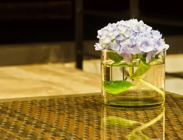 Einfaches Glas mit Blumen dekorieren für den Tisch auf der Terrasse oder auf dem Balkon