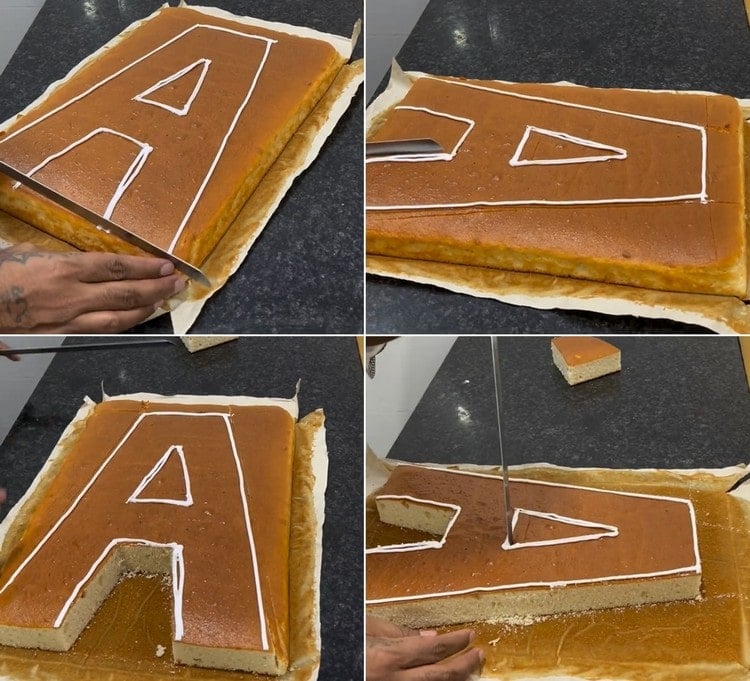 Kuchen vom Blech in einen Buchstaben schneiden für die Einschulungsfeier