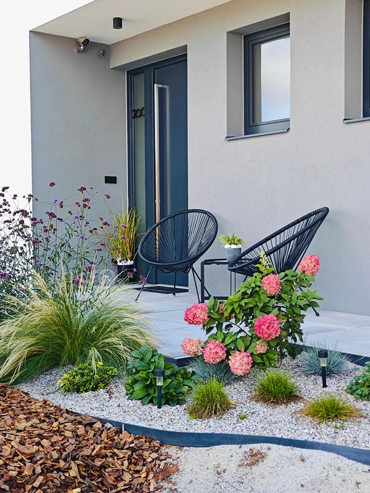 modernes kiesbeet mit federgras und rosa hortensie