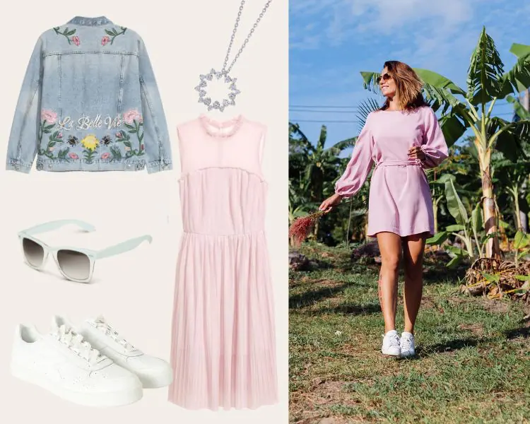 sommerkleid in pastellrosa mit weißen sneaker und silberschmuck kombiniert