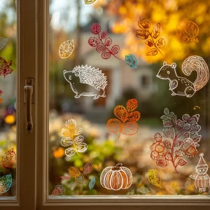 Fensterbilder für den Herbst mit Kreidestiften zeichnen in Weiß oder Farbe