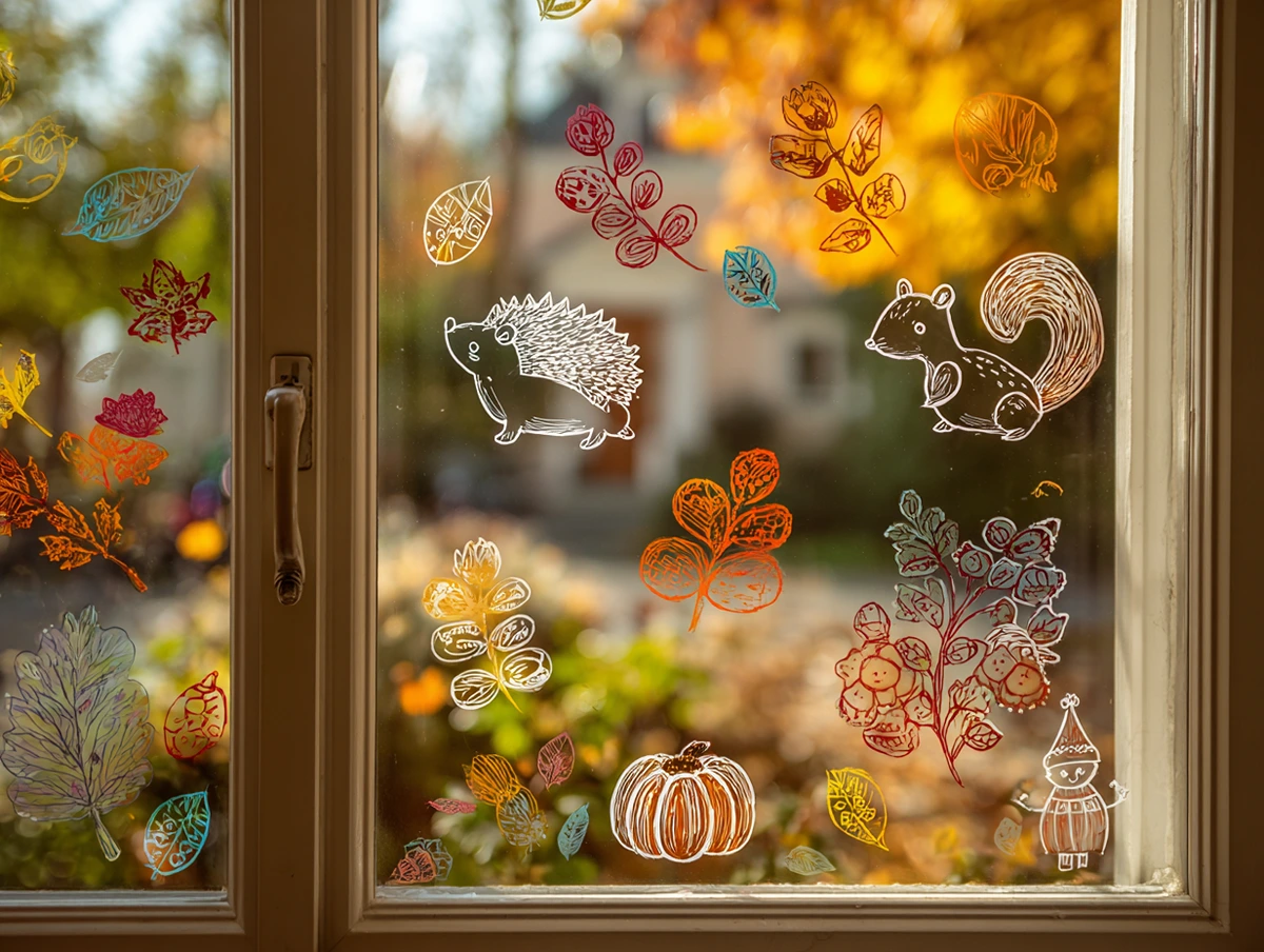 Fensterbilder für den Herbst mit Kreidestiften zeichnen in Weiß oder Farbe