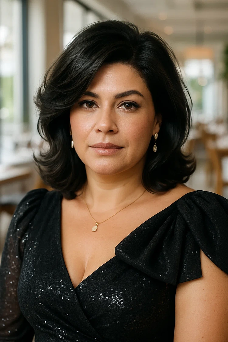 frisuren für mollige frauen mit rundem gesicht stufenschnitt mit seitenscheitel