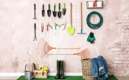 Gartengeräte platzsparend aufbewahren mit einem Stück Maschendraht für die Wand