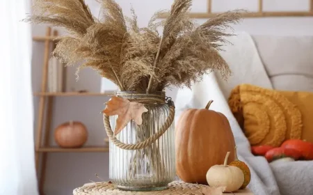 Herbstdeko mit Pampasgras in einer Glasvase und Kürbissen auf einem Beistelltisch