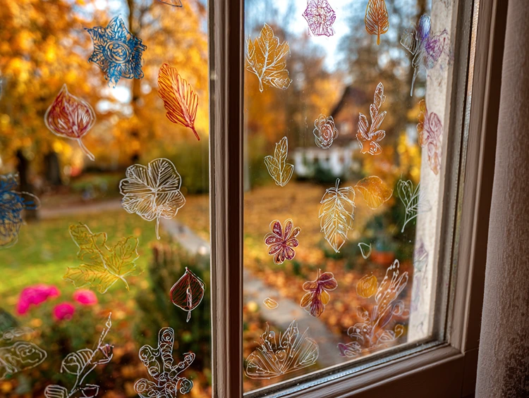 Herbstlaub von verschiedenen Bäumen und in Farbe auf die Fensterscheibe bringen