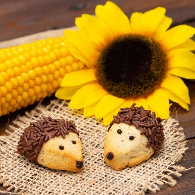 Im Herbst Kekse backen in Form von Igeln mit Mürbeteig und Schokolade