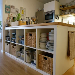 Kallax als Kücheninsel umbauen und mit Körben und Geschirr gestalten