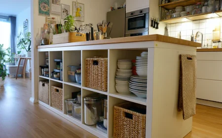 Kallax als Kücheninsel umbauen und mit Körben und Geschirr gestalten