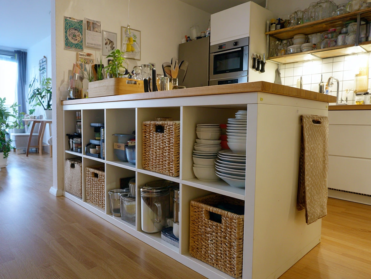 Kallax als Kücheninsel umbauen und mit Körben und Geschirr gestalten