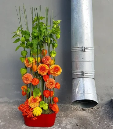 Kleiner Blumenkasten für Gestecke mit Lampionblumen, Dahlien, Beeren und Zierkürbissen