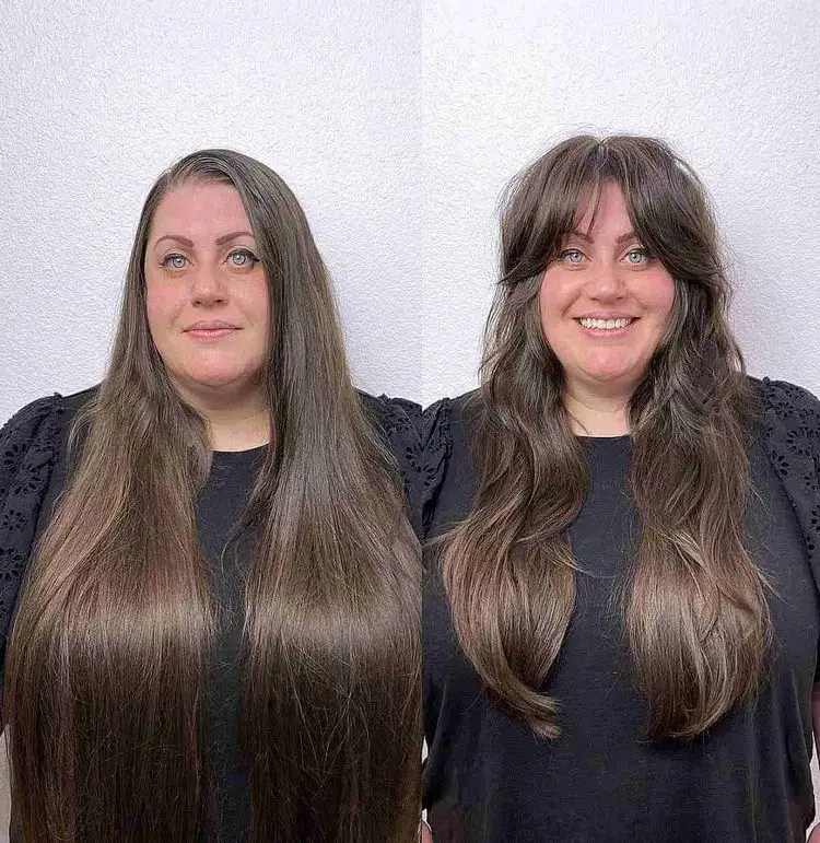 Lange gestufte Haare mit Curtain Bangs