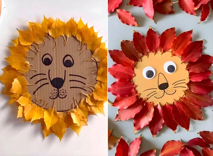 Löwenmähne aus beliebigen Laubblättern gestalten mit Kindern