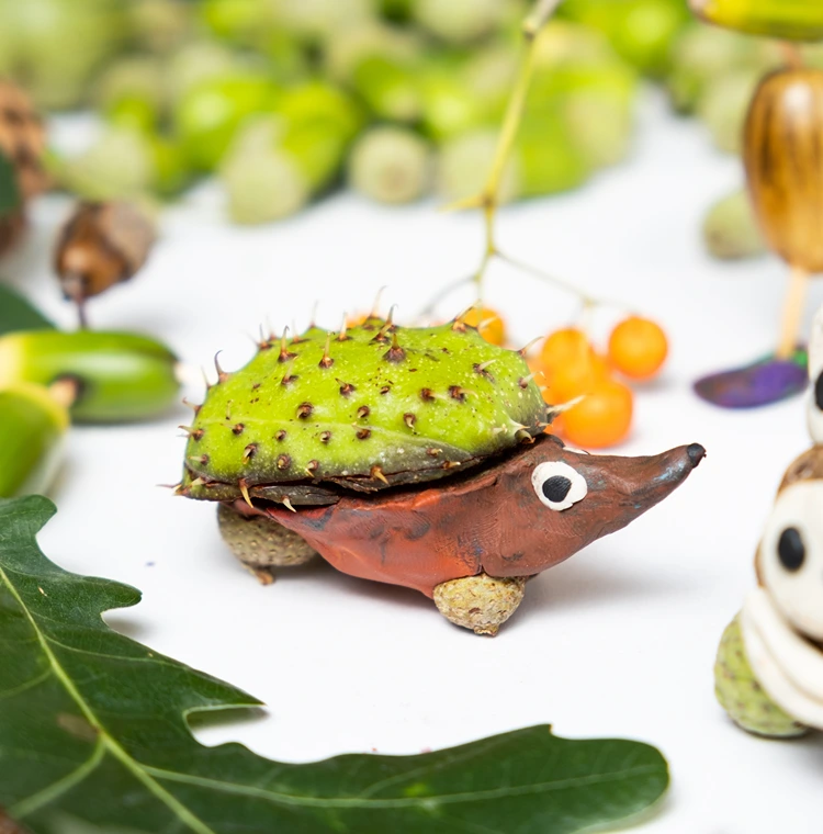 Mit Kastanien basteln ohne Bohren - Igel formen und das Kastaniengehäuse als Stachelkleid nutzen