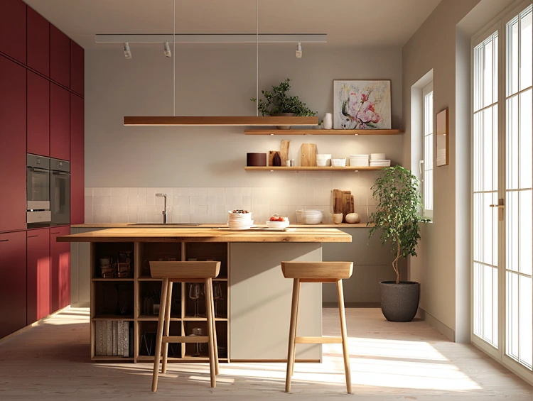 Moderne Küche mit roten Fronten und beiger Insel mit Theke