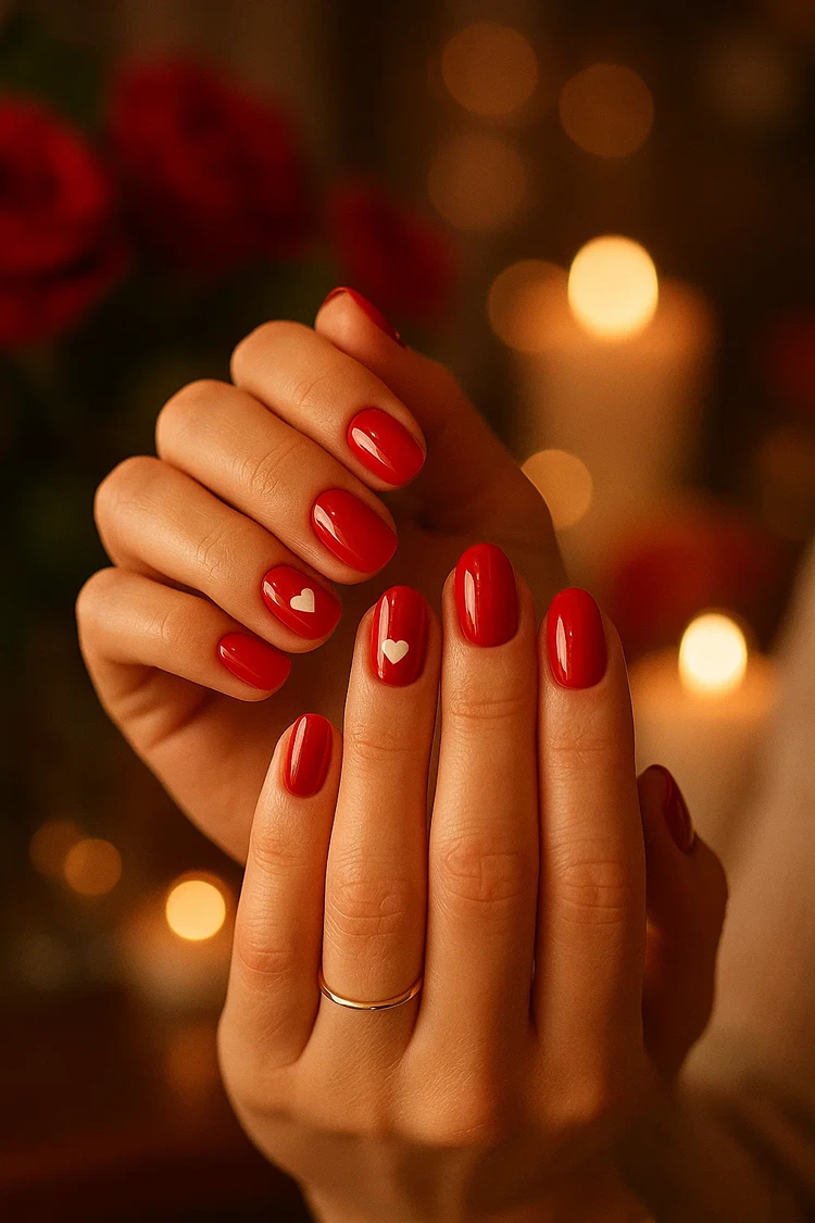 rote nägel mit kleinen weißen herzen