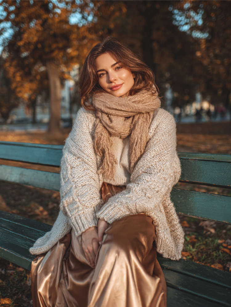 satinrock im herbst kombinieren – layering mit strickjacke und schal