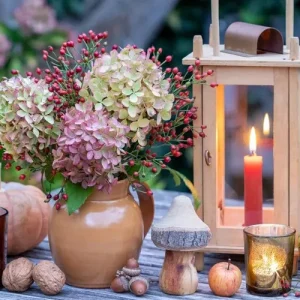 Warme Holztöne, Walnüsse, Hortensien und rote Beeren in einer Vase