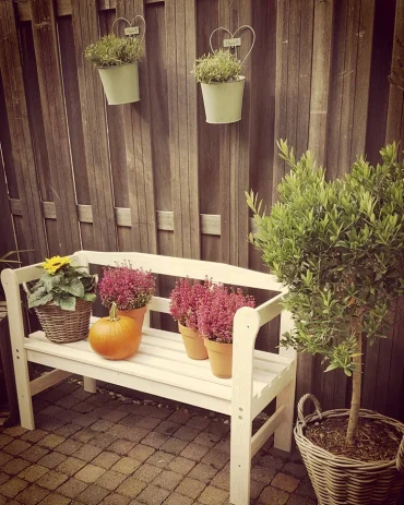 Weiße Sitzbank mit pinkem Heidekraut und Sonnenblume im Korb