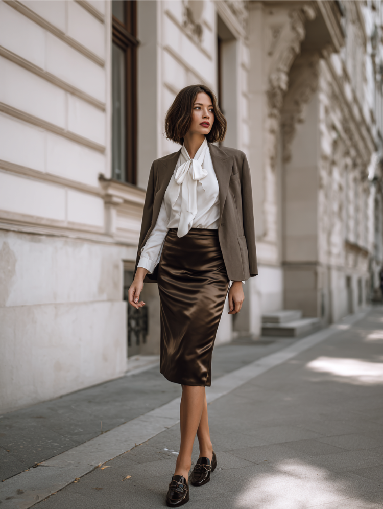 wie man einen satinsrock im herbst stylt – eleganter büro look