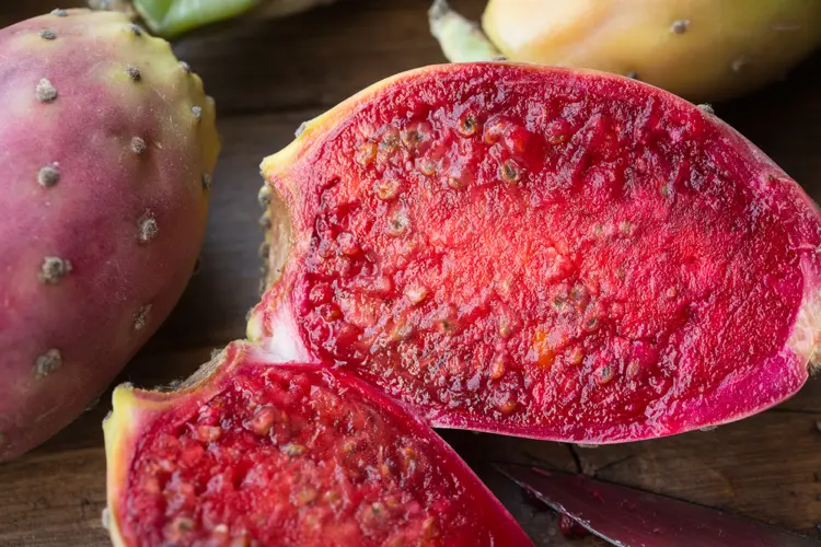 aufgeschnittene kaktusfeige leuchtend rotes fruchtfleisch mit vielen kleinen kernen