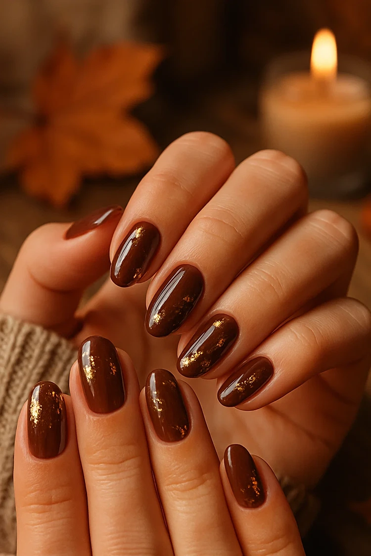 braune nägel mit goldfolien details herbst nageldesign
