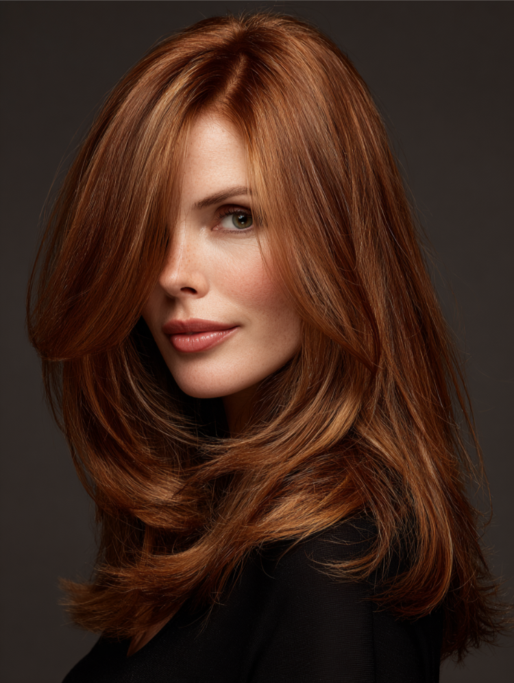 frau mit langem stufenschnitt und cowboy copper haarfarbe