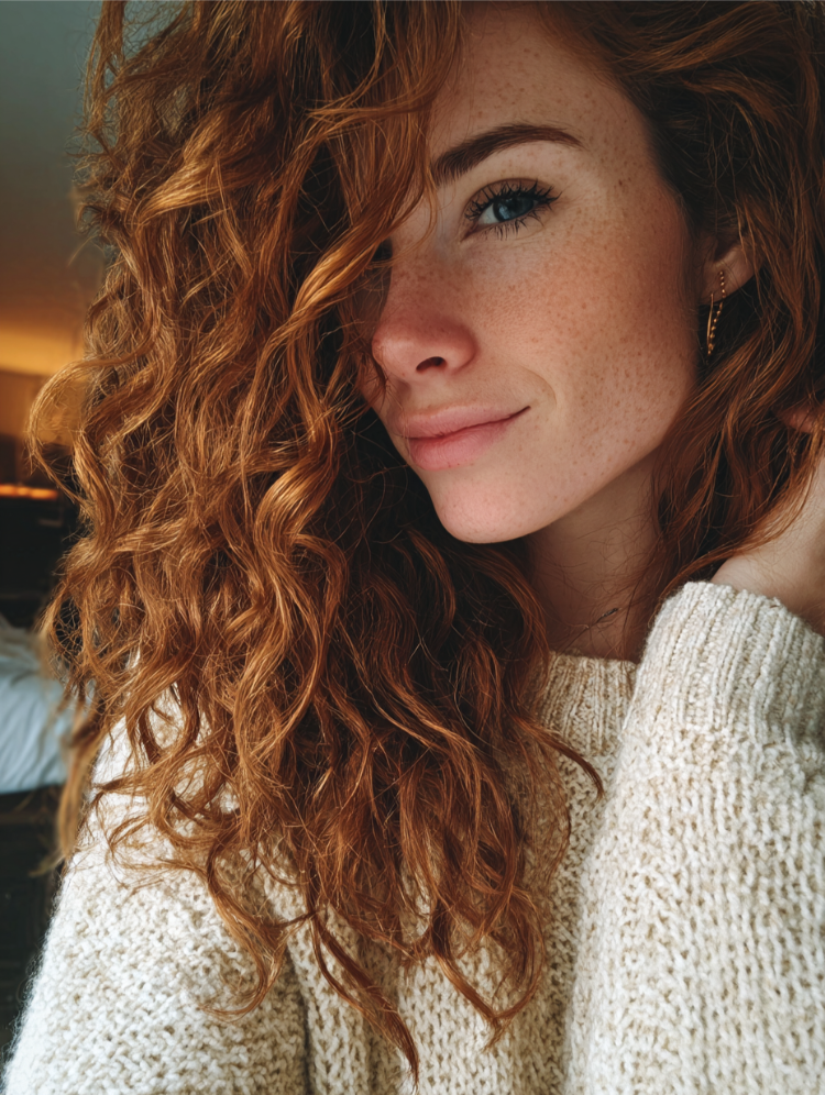 frau mit lockigem haar und cowboy copper haarfarbe