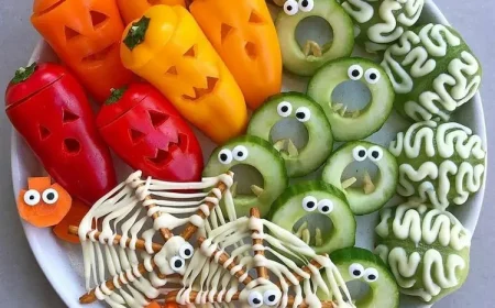 Gemüseplatte für Halloween mit Paprika, Gurken, Salzstangen und Kiwi