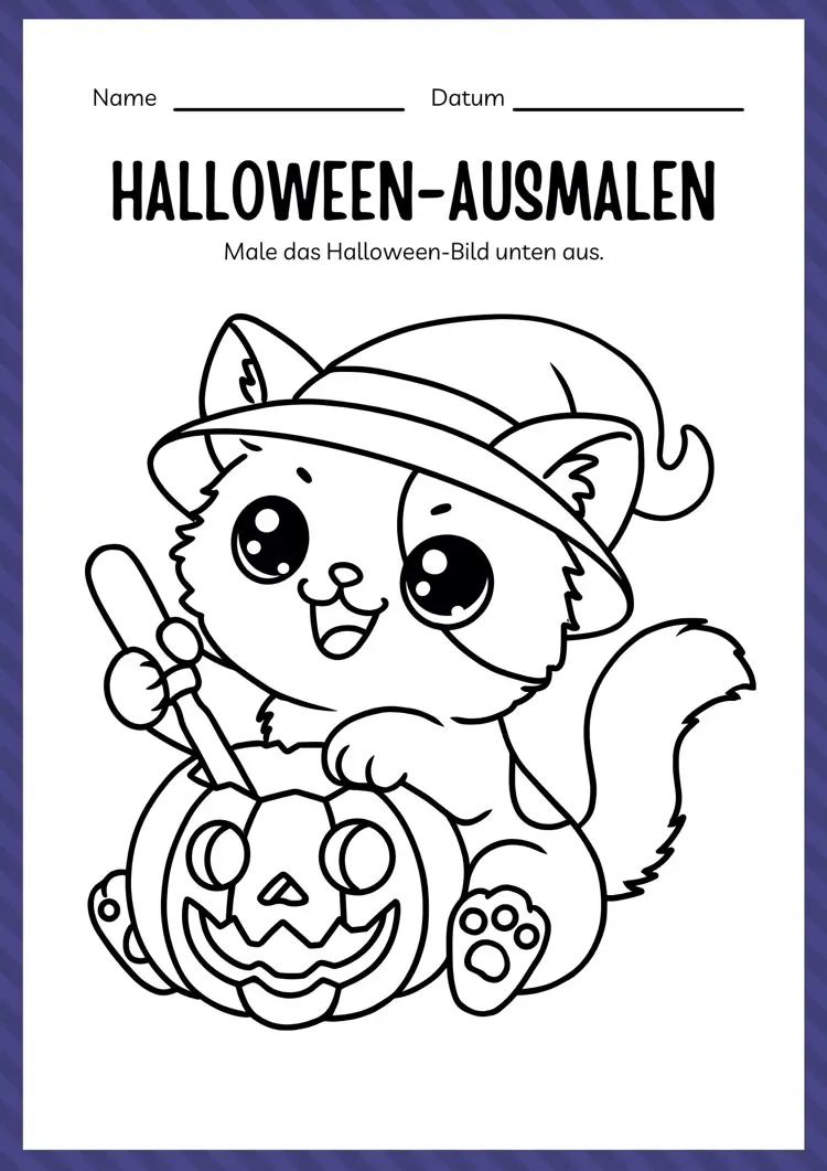 halloween ausmalen – niedliche katze mit kürbis