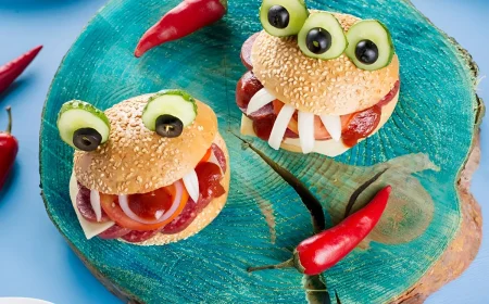 Halloween Burger gestalten mit Gurken, Oliven und Käse