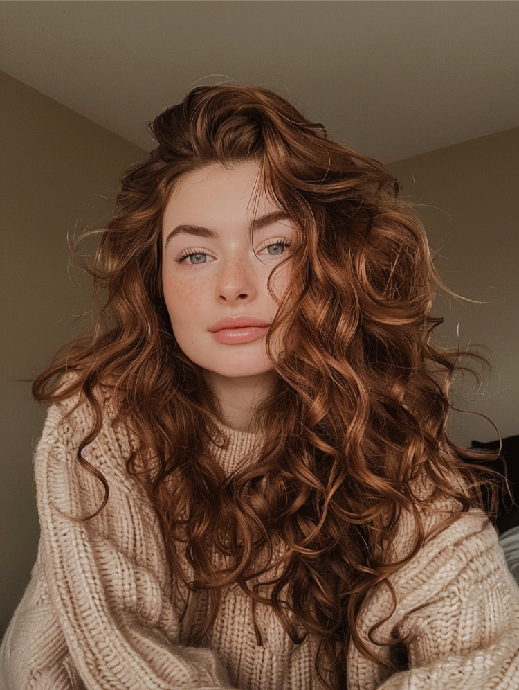 junge frau mit lockigem haar in zimtfarbe für den herbst