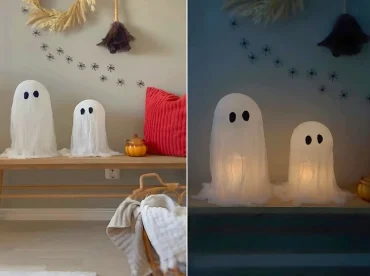 Leuchtende Gespenster aus Stoff und mit LED-Kerzen