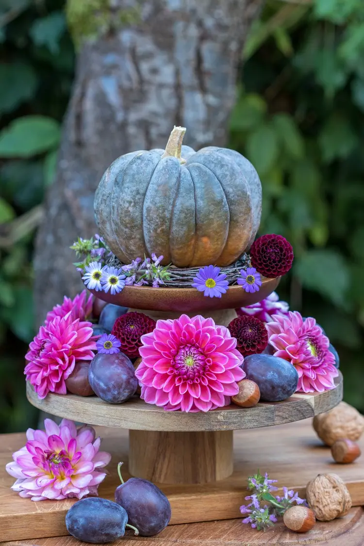 Pinke Herbstblumen und Pflaumen auf einem Tortenständer und Kürbis auf einer Schale mit lila Blumen