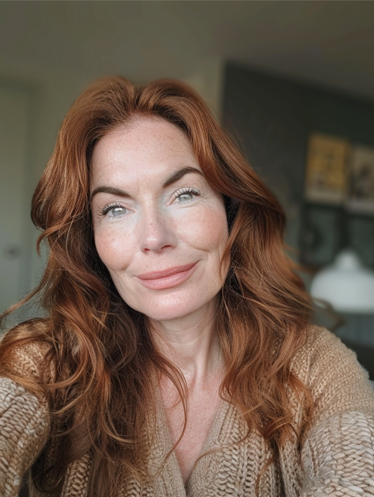 reife frau mit lockigem haar in zimtfarbe für den herbst