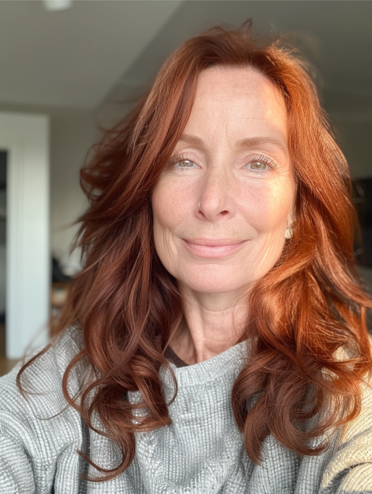 reife frau mit zimtfarbenem haar für den herbst