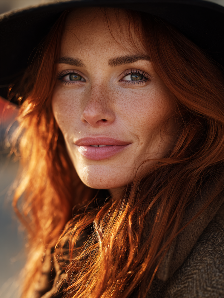 stilvolle reife frau mit cowboy copper haarfarbe im herbst