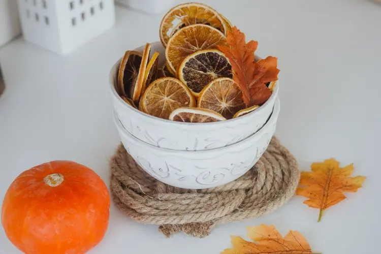 Suppenschale für die Herbstdeko verwenden und mit trockenen Orangenscheiben schmücken