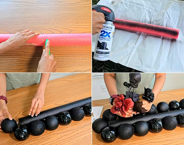 Tischdeko für Halloween mit Kugeln und Kunstblumen selber machen